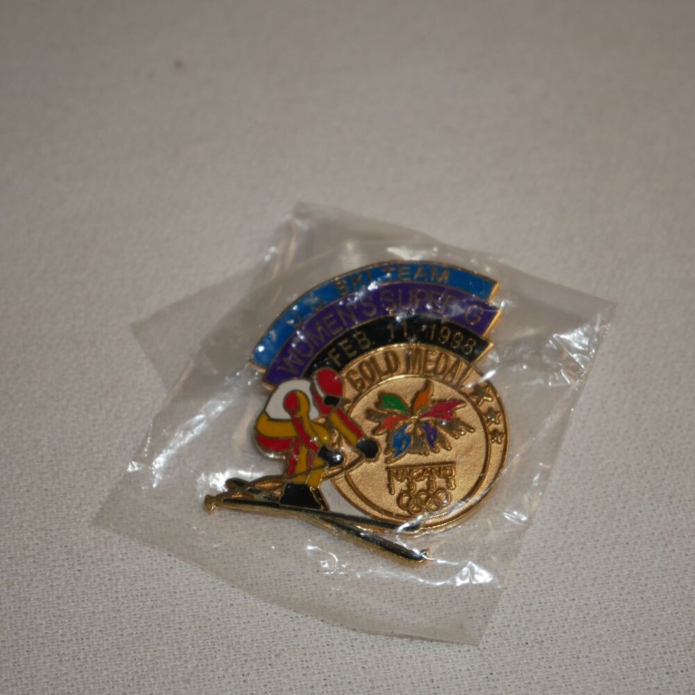 1998 Olympic Womens Super-G Gold Medalist Enamel Pin Skiing Collectible Vintage